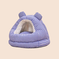 Load image into Gallery viewer, Gingham Bear Cat Cave Bed in blue and white plaid with bear ears on beige background | GraviPaw