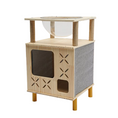 Load image into Gallery viewer, Wooden cat tree with a platform and hiding space on a beige background
