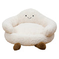 Load image into Gallery viewer, Cloud Hug Cat Sofa Bed Product View – White Fluffy Boucle Cloud Shape with Smiling Face, Round Armrests and Brown Feet | GraviPaw