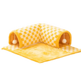 Load image into Gallery viewer, Foldable 2-in-1 Cat Tunnel Bed – Yellow Checkerboard L-Shaped Tunnel with Mat Base and Hanging Pom-Pom Toys | GraviPaw