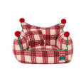 Load image into Gallery viewer, Christmas Plaid Pet Sofa Bed Product View – Red and Cream Plaid with Crown Backrest, Red Pom-Pom Tips and Green Piping Trim | GraviPaw