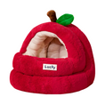 Load image into Gallery viewer, Apple-Shaped Cat Cave Bed Close-Up of Red Plush Texture, Green Leaf Topper and White Sherpa Trim | GraviPaw