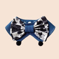 Load image into Gallery viewer, Black and white cartoon bow pet bandana collar with blue denim and pom-poms for cats and dogs