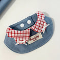 Load image into Gallery viewer, Soft cotton red check denim pet collar with snap-button closure lifestyle shot