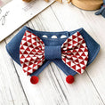 Load image into Gallery viewer, Red white geometric diamond bow tie pet collar with denim base and red pom-poms