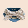 Load image into Gallery viewer, Floral bow pet bandana collar with cream flower print and blue denim base for cats and dogs
