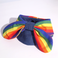 Load image into Gallery viewer, Rainbow pride pet bow collar laid flat showing full bow shape and denim collar band, handmade by GraviPaw