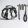 Load image into Gallery viewer, Black heavy duty tactical dog harness and leash set flat lay showing full adjustable design for medium large dogs