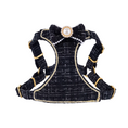Load image into Gallery viewer, Luxury black tweed dog harness with pearl bow and gold hardware for small dogs