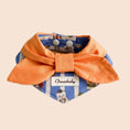 Load image into Gallery viewer, Orange bow denim pet bandana collar with bright orange bow and printed denim for cats and dogs