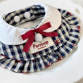 Load image into Gallery viewer, Blue check ruffle pet collar with white collar and red bow detail