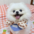 Load image into Gallery viewer, White Pomeranian wearing gingerbread print bow blue denim bandana collar