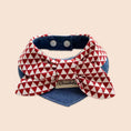 Load image into Gallery viewer, Red and white triangle bow pet bandana collar with geometric pattern and denim base for cats and dogs