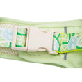 Load image into Gallery viewer, Close-up of quick-release buckle and reflective strip on lemon green dog harness