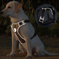 Load image into Gallery viewer, Dog wearing olive green tactical harness close up showing reflective strips on chest panel for night walking visibility