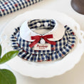 Load image into Gallery viewer, Blue gingham ruffle pet collar with snap-button closure on decorative plate