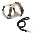 Load image into Gallery viewer, Olive green tactical dog harness and black braided rope leash set flat lay showing all adjustment buckles and D-ring hardware