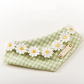 Load image into Gallery viewer, Close-up of personalized gold name plate on green gingham daisy pet bandana for cats and small dogs