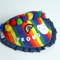 Load image into Gallery viewer, LGBTQ Pride pet bandana with denim ruffle hem and custom embroidered text, handmade in Hong Kong