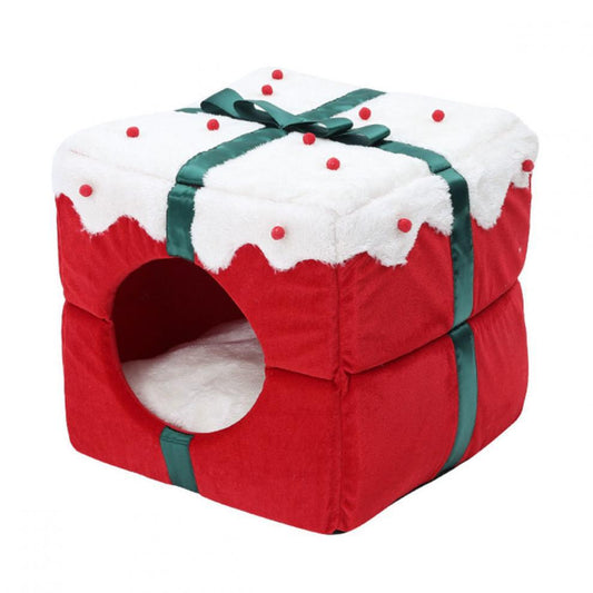 Christmas Gift Box Pet House Product View – Red Cube with White Snow Top, Green Bow and Circular Entrance | GraviPaw