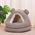 Load image into Gallery viewer, Gingham Bear Plush Cat Cave Bed – Semi-Enclosed Cozy Sleeping Nest for Cats & Small Dogs
