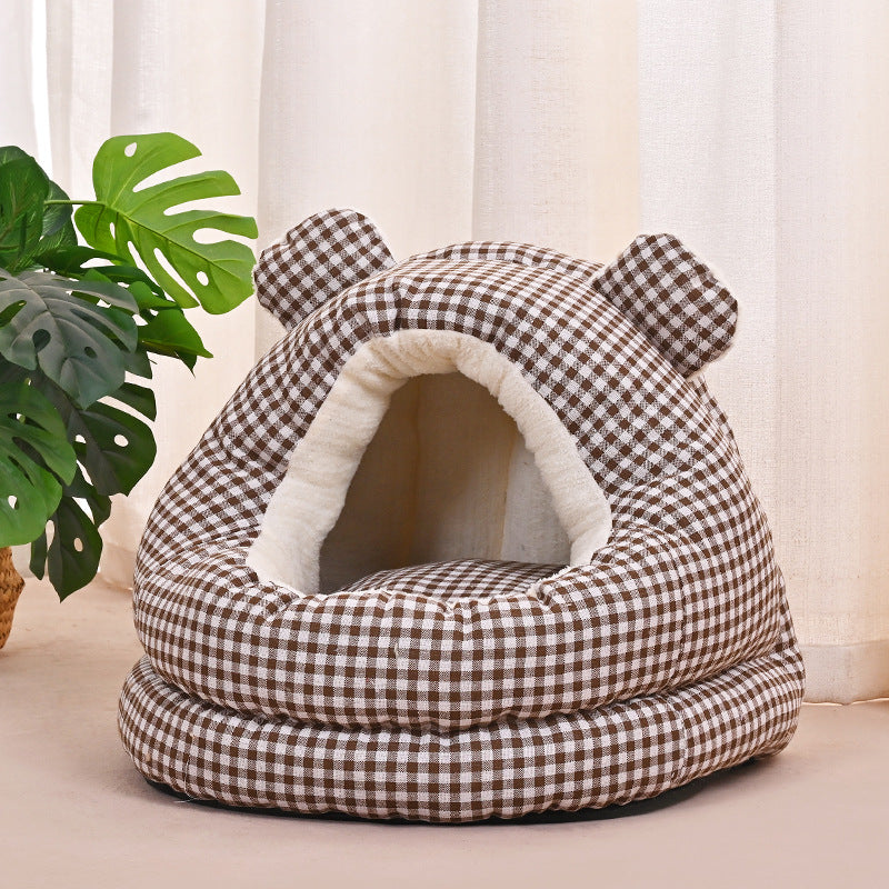 Gingham Bear Plush Cat Cave Bed – Semi-Enclosed Cozy Sleeping Nest for Cats & Small Dogs