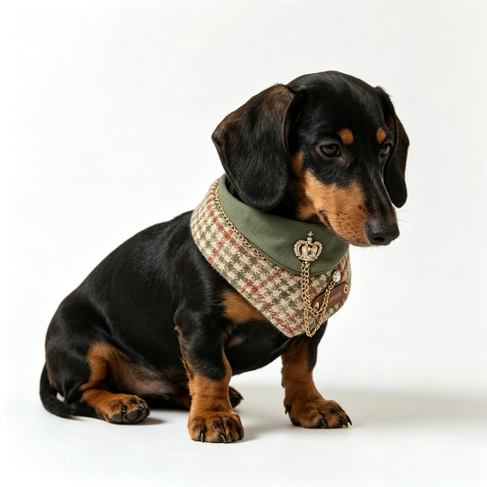 Black and tan Dachshund wearing GraviPaw houndstooth tweed bandana with gold crown brooch