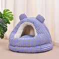 Load image into Gallery viewer, Gingham Bear Plush Cat Cave Bed – Semi-Enclosed Cozy Sleeping Nest for Cats & Small Dogs
