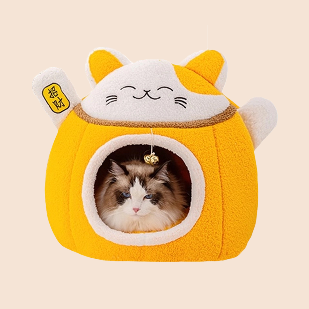 Lucky Cat Plush Cave Bed – Soft Enclosed Sleeping House for Cats & Small Dogs
