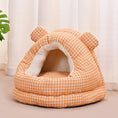 Load image into Gallery viewer, Gingham Bear Plush Cat Cave Bed – Semi-Enclosed Cozy Sleeping Nest for Cats & Small Dogs
