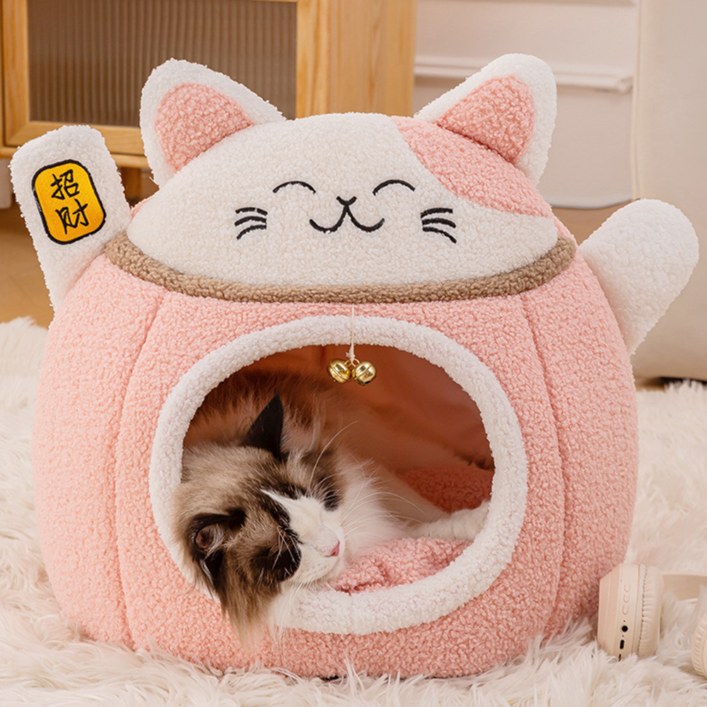 Lucky Cat Plush Cave Bed – Soft Enclosed Sleeping House for Cats & Small Dogs