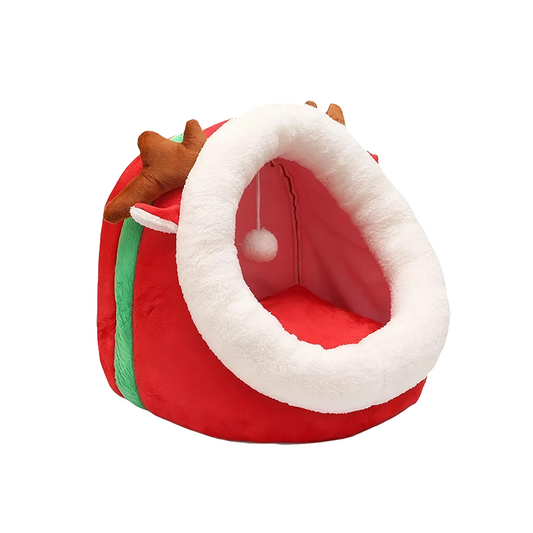 Christmas Reindeer Cave Bed Product View – Red Dome with White Faux Fur Trim, Brown Antlers and Dangling Toy Ball | GraviPaw
