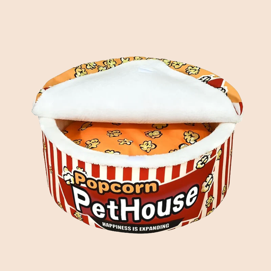 Popcorn Plush Cat Cave Bed – Cozy Semi-Enclosed Popcorn Bucket Cat House for Cats & Small Dogs