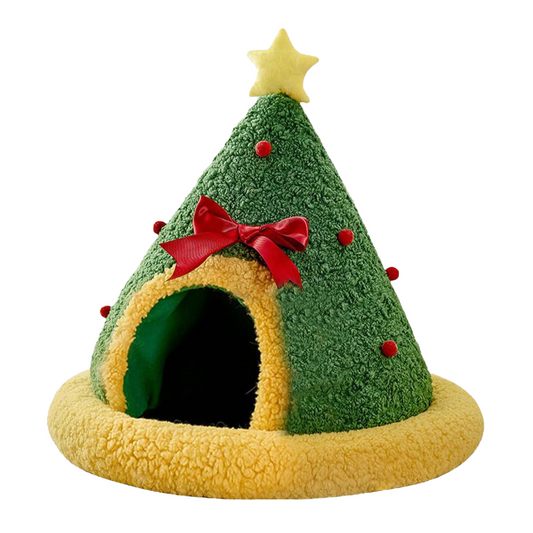 Christmas Tree Cat Cave Bed Product View – Green Textured Plush Cone with Gold Star, Red Bow, Berry Ornaments and Yellow Sherpa Base | GraviPaw