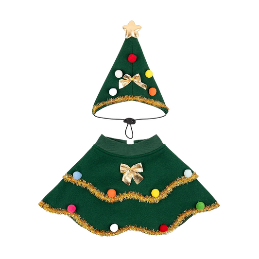 Christmas Tree Pet Costume Set – Green Hat with Gold Star Topper and Cape with Colorful Pom-Poms and Gold Tinsel Trim | GraviPaw