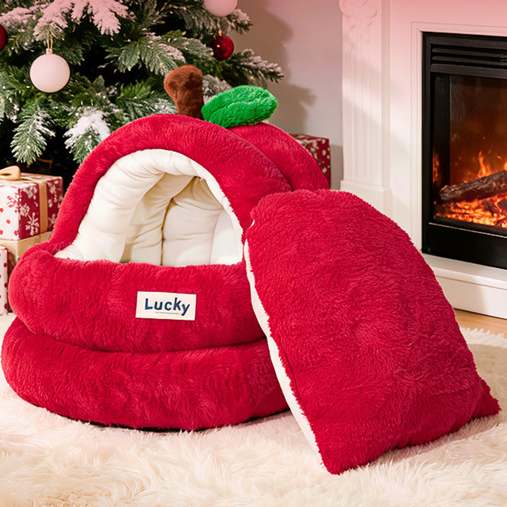 Apple-Shaped Plush Cat Cave Bed – Warm Fully Enclosed Sleeping Nest for Cats & Small Dogs
