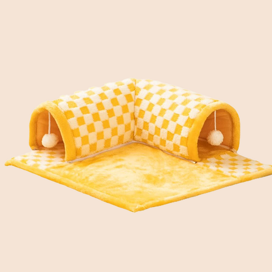 2-in-1 Plush Cat Tunnel Bed with Mat – Soft Foldable Play & Sleep Nest
