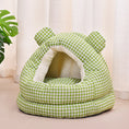 Load image into Gallery viewer, Gingham Bear Plush Cat Cave Bed – Semi-Enclosed Cozy Sleeping Nest for Cats & Small Dogs
