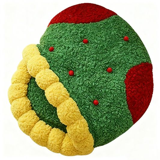 Christmas Stocking Cat Bed Top View – Green Sherpa with Red Patches and Yellow Bubble Trim | GraviPaw