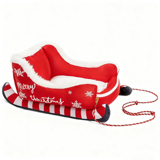 Christmas Sleigh Pet Bed Product View – Red with Merry Christmas Text, Snowflake Embroidery and Candy Cane Runners | GraviPaw