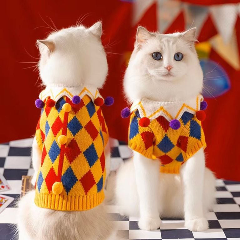 Clown Costume Cat Sweater with Pom-Poms – Warm Knitted Cat Outfit for Fall & Winter
