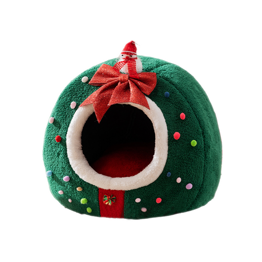 Christmas Tree Plush Pet Cave White Background – Green Dome Cave with Pom-Pom Ornaments and Santa Bow Topper | GraviPaw