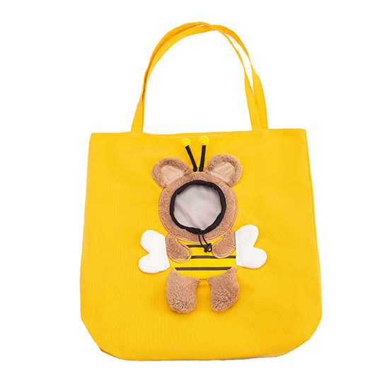 Canvas Pet Shoulder Tote yellow bee design with plush bear head opening, white background | GraviPaw