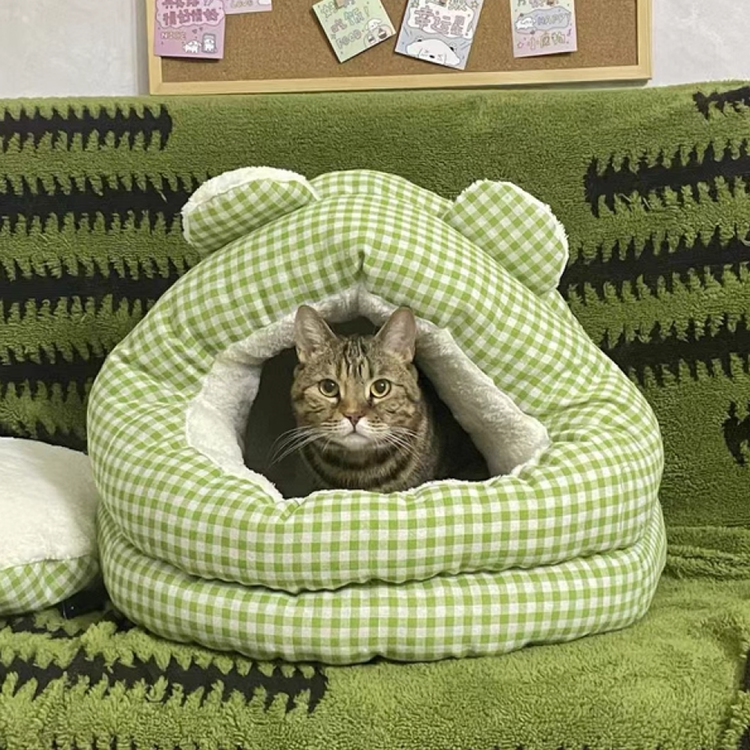 Gingham Bear Plush Cat Cave Bed – Semi-Enclosed Cozy Sleeping Nest for Cats & Small Dogs