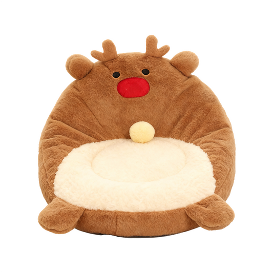Christmas Reindeer Pet Bed on White Background – Chubby Rudolph Plush Design with Brown Body and Red Nose | GraviPaw