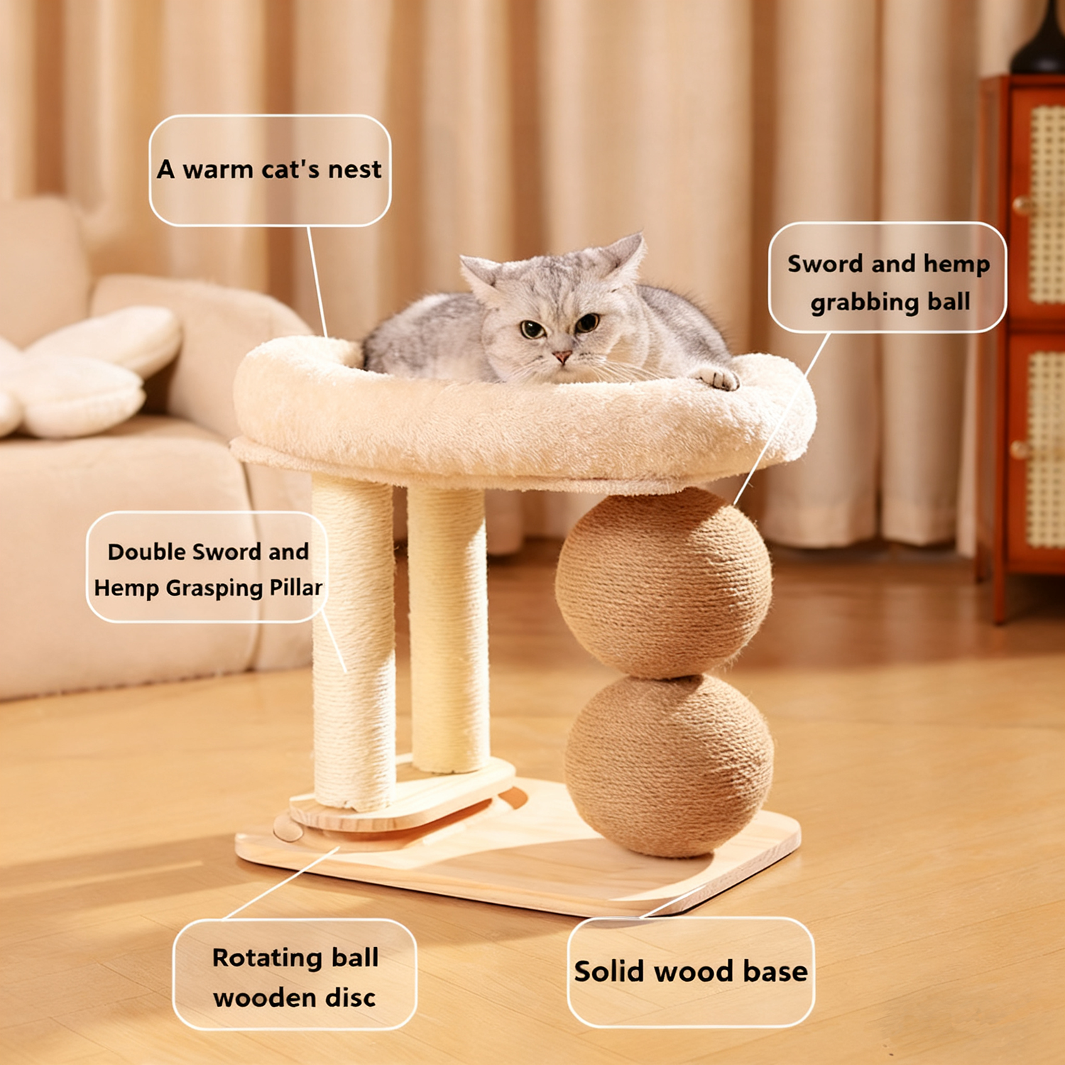 5-in-1 Cat Climbing Frame with Plush Nest and Sisal Poles – Stable Modern Cat Tree for Sleeping, Scratching, and Play