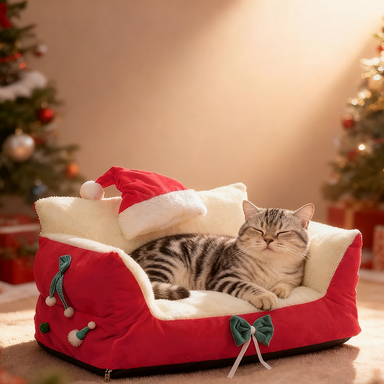 Cozy Christmas Pet Sofa Bed – Warm & Washable Winter Nest for Cats and Small Dogs