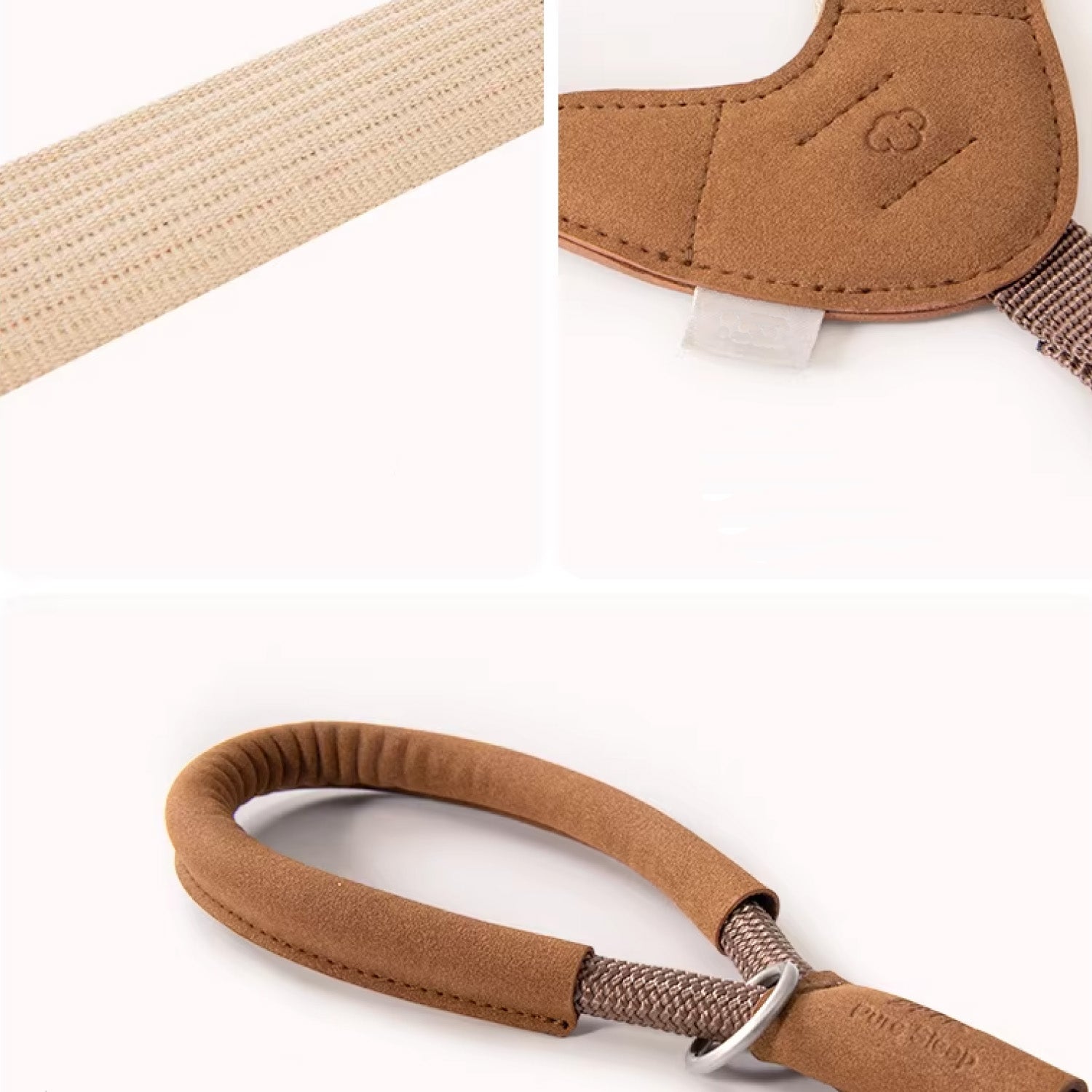 360-degree rotating leash with soft cotton webbing and leather handle