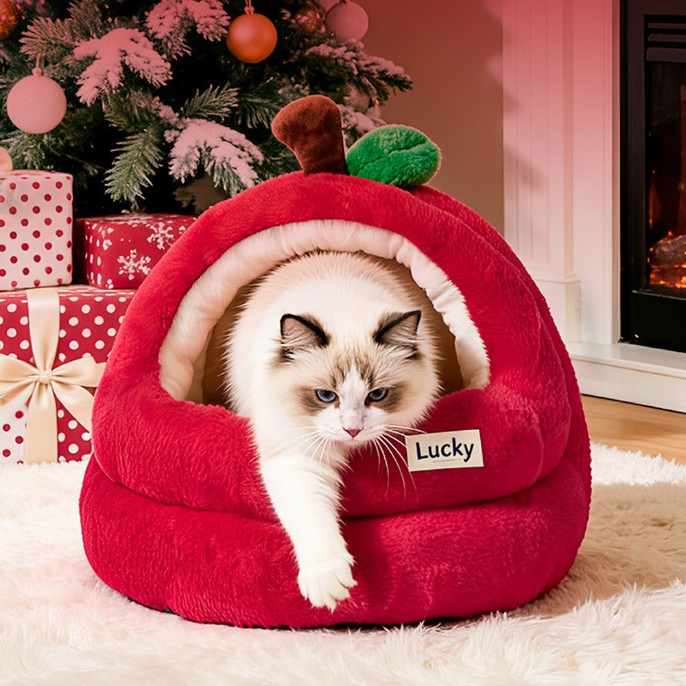 Apple-Shaped Cat Cave Bed Lifestyle Shot with Cat Inside Red Fluffy Apple Cave | GraviPaw