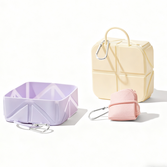 Foldable Travel Pet Bowl set - purple open bowl, cream closed cube, and pink folded compact with carabiner clips | GraviPaw